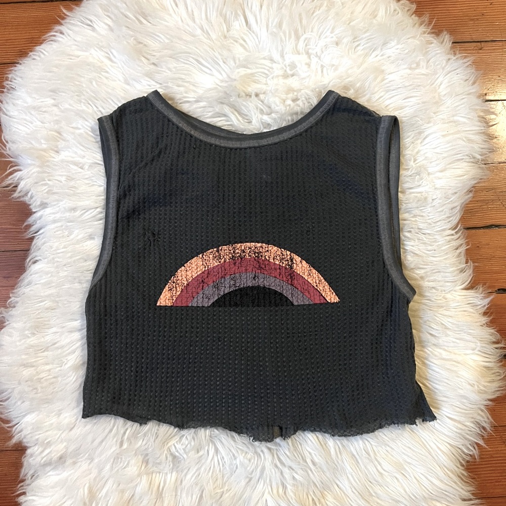 Free People Gray Mesh Rainbow Graphic Crop Top Tank Tee